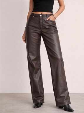 H&M Brown Faux Leather Pants Relaxed Fit Wide Leg Size 16 High Rise